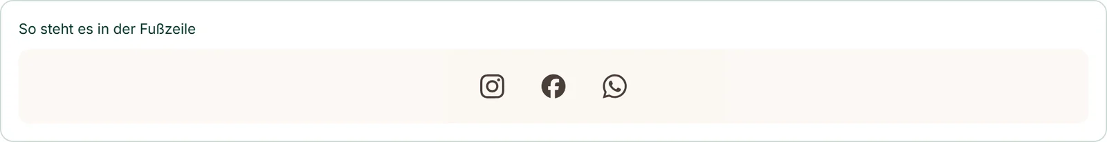 Unter der Kanal-Liste die Zeile „So steht es in der Fußzeile“ mit den Zeichen von Instagram, Facebook und WhatsApp in den Farben von Café Lumen.