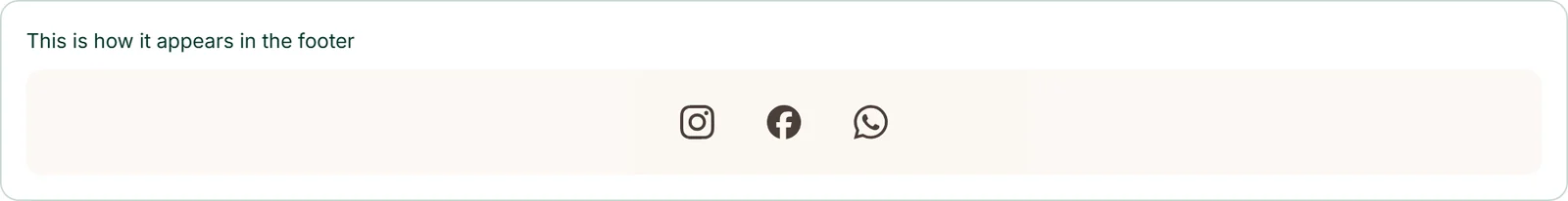 Below the channel list, the line “This is how it appears in the footer” with the icons of Instagram, Facebook and WhatsApp in Café Lumen’s colours.