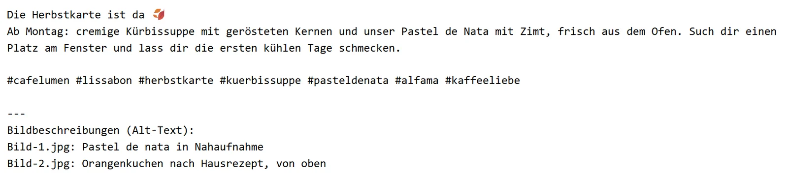 Die Datei Text.txt aus dem Instagram-Ordner: oben die Bildunterschrift der Herbstkarte, darunter nach einer Linie „Bildbeschreibungen (Alt-Text):“ mit einer Zeile für Bild-1.jpg.