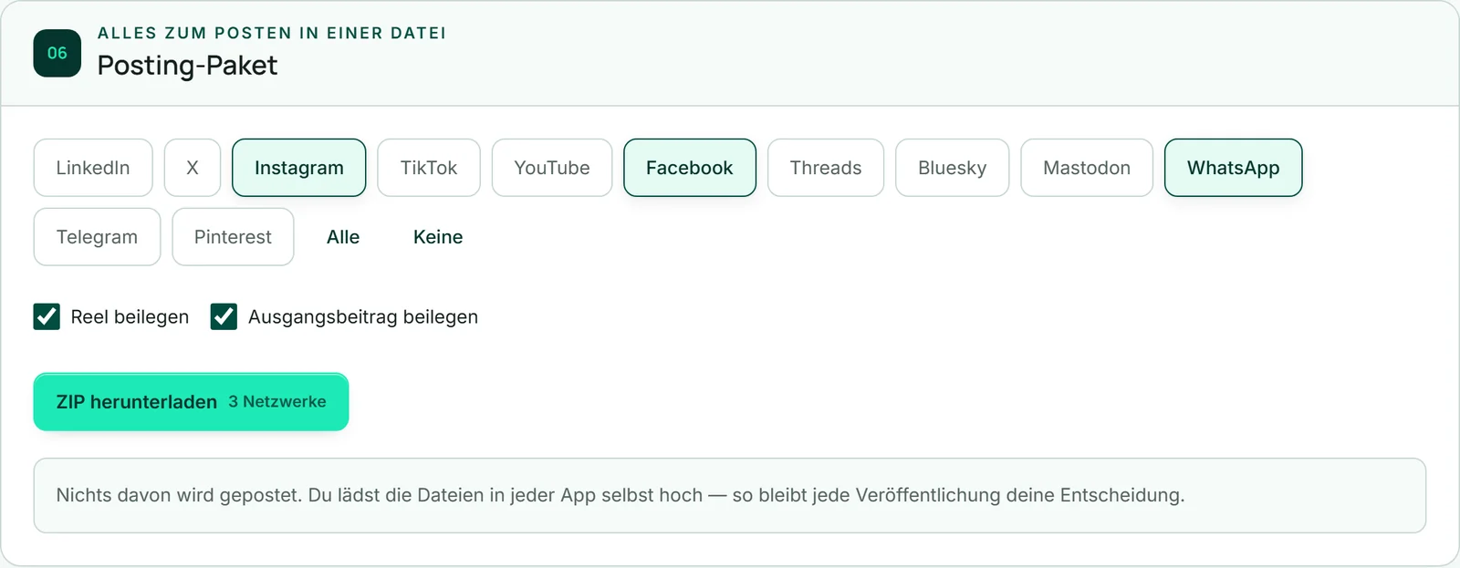 Der Bereich „Posting-Paket“ von Café Lumen: Instagram, Facebook und WhatsApp sind gewählt, „Reel beilegen“ und „Ausgangsbeitrag beilegen“ angehakt.