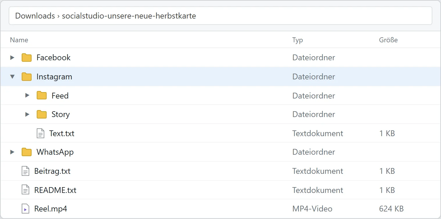 Das entpackte Posting-Paket der Herbstkarte: README.txt, Beitrag.txt, Reel.mp4 und die Ordner Facebook, Instagram und WhatsApp; der Ordner Instagram ist aufgeklappt mit Text.txt und den Unterordnern Feed und Story.