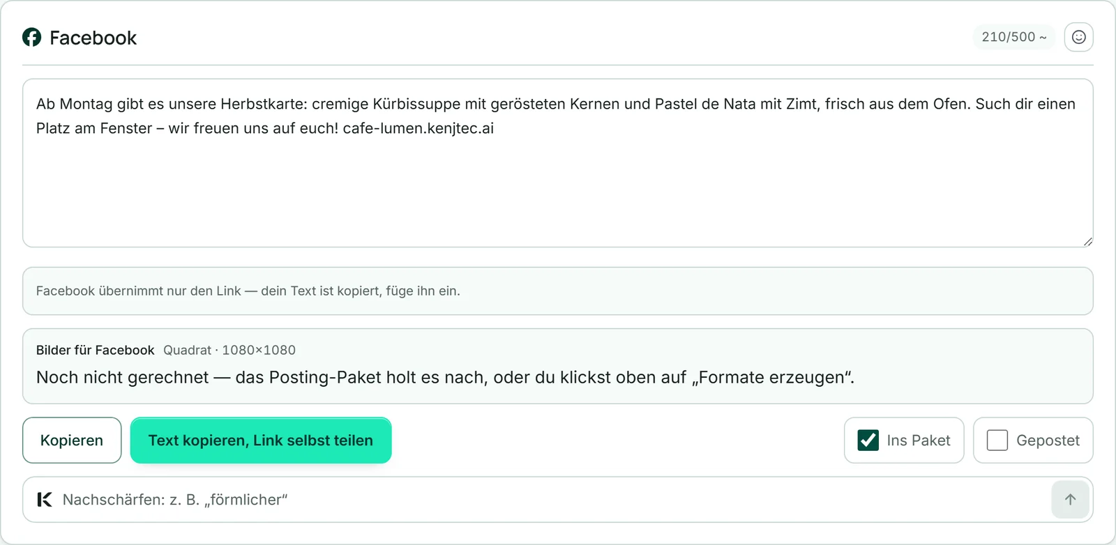 Die Karte der Facebook-Fassung mit dem Satz „Facebook übernimmt nur den Link — dein Text ist kopiert, füge ihn ein.“ und den Knöpfen „Kopieren“ und „Text kopieren, Link selbst teilen“.
