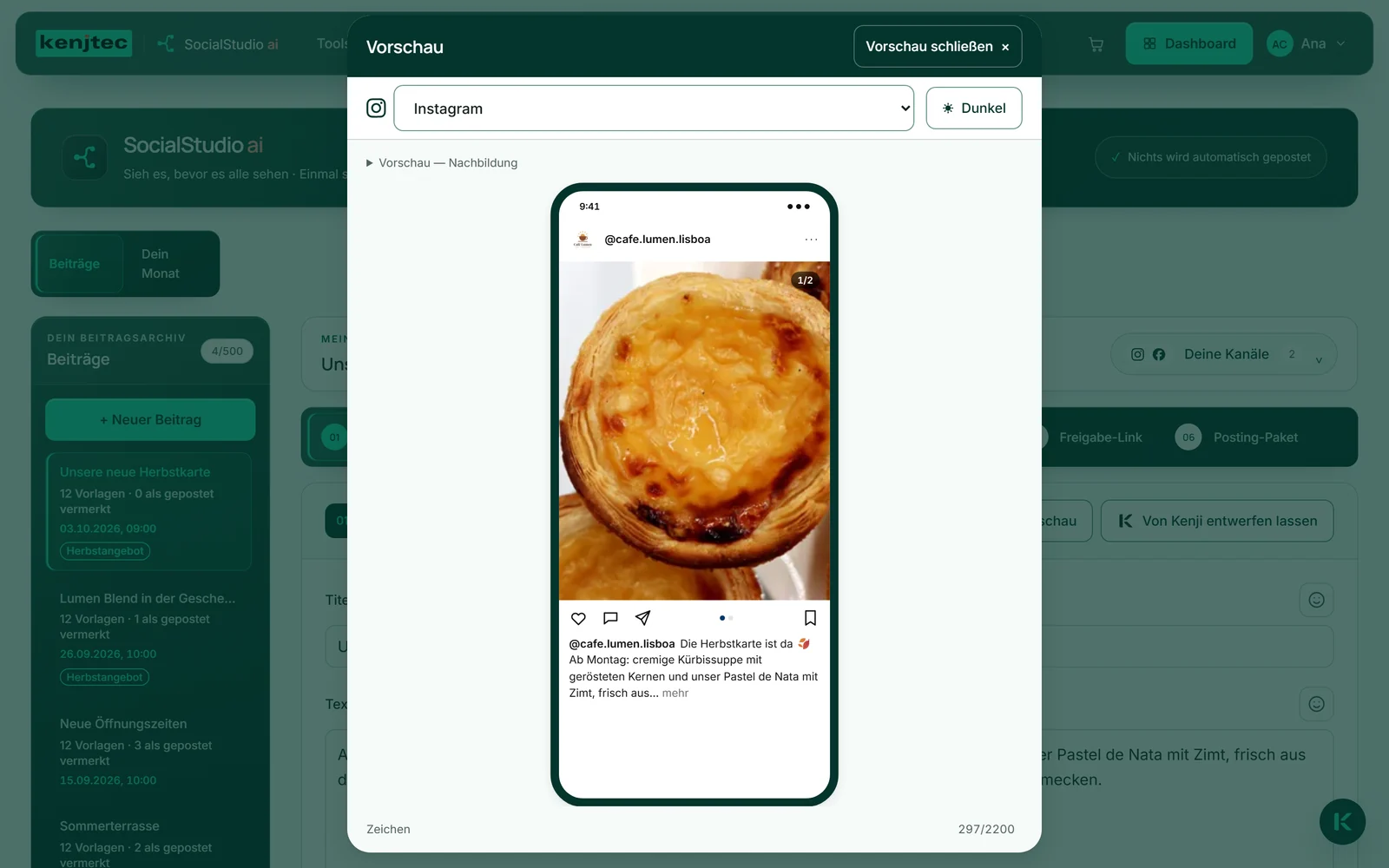 Die Instagram-Nachbildung mit dem Logo von Café Lumen als Profilbild und @cafe.lumen.lisboa im Kopf; oben in der Auswahl der Netzwerke steht Instagram.
