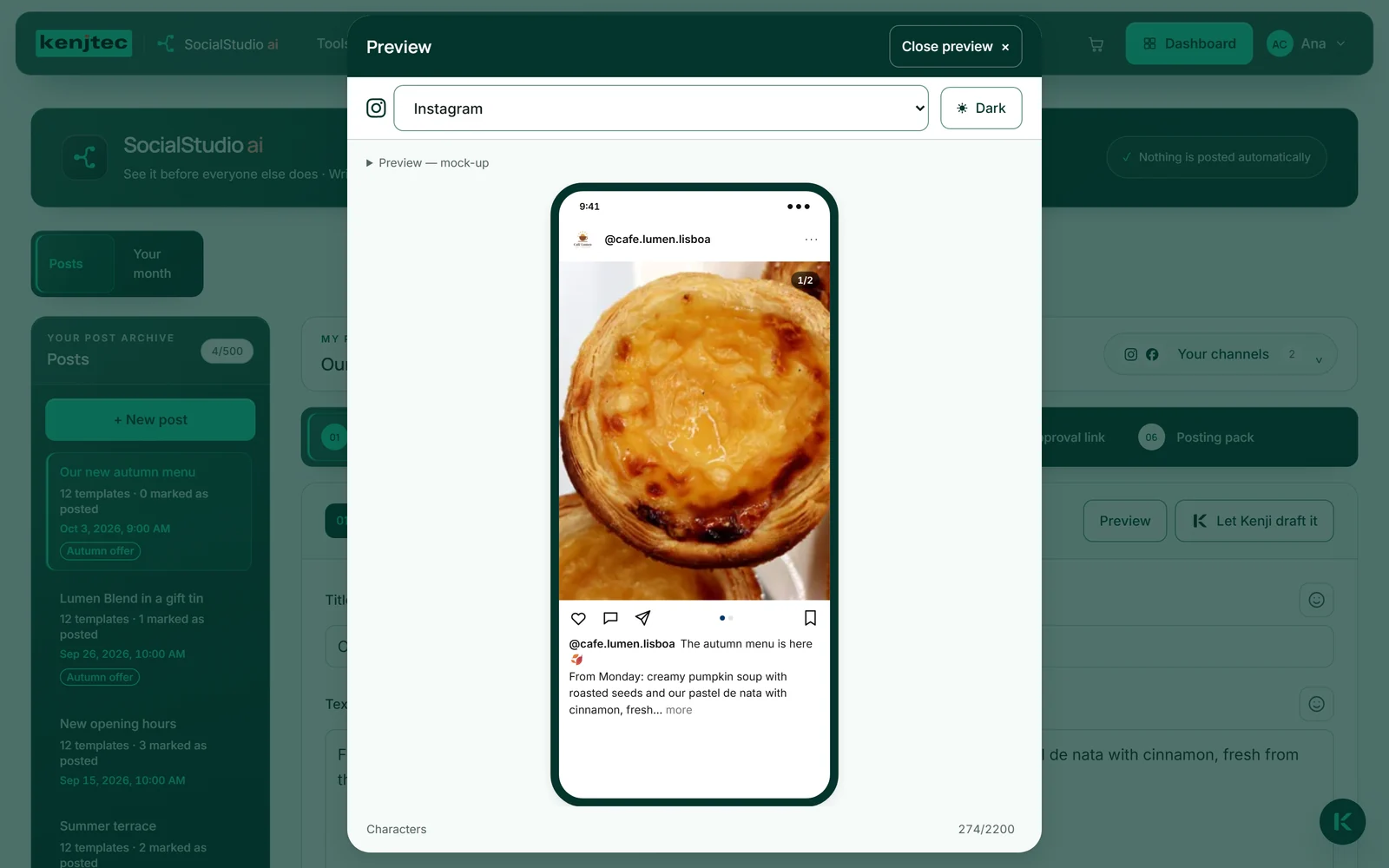 Instagram-efterbildningen med Café Lumens logotyp som profilbild och @cafe.lumen.lisboa överst; högst upp i nätverksurvalet står Instagram.