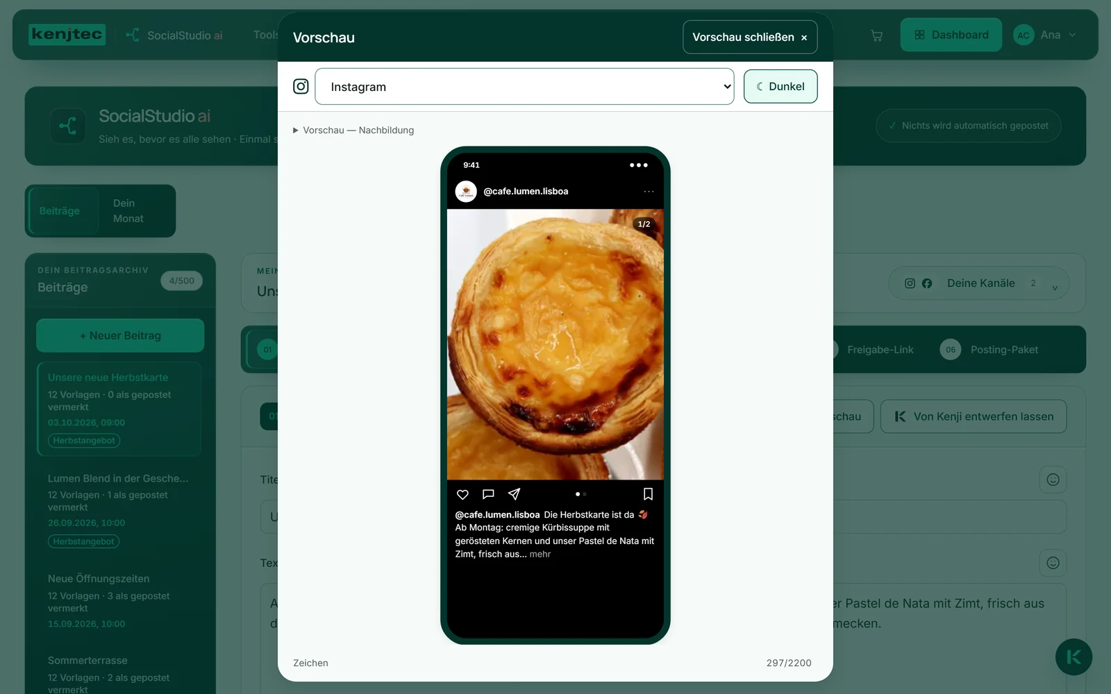 Die Vorschau der Herbstkarte als Instagram-Post in dunkler Darstellung, oben ist der Knopf „Dunkel“ gedrückt.