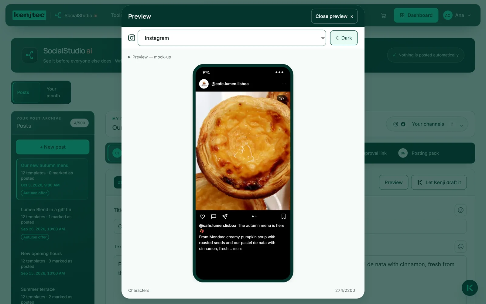 Förhandsvisningen av höstmenyn som Instagram-inlägg i mörkt läge; högst upp är knappen ”Mörk” intryckt.