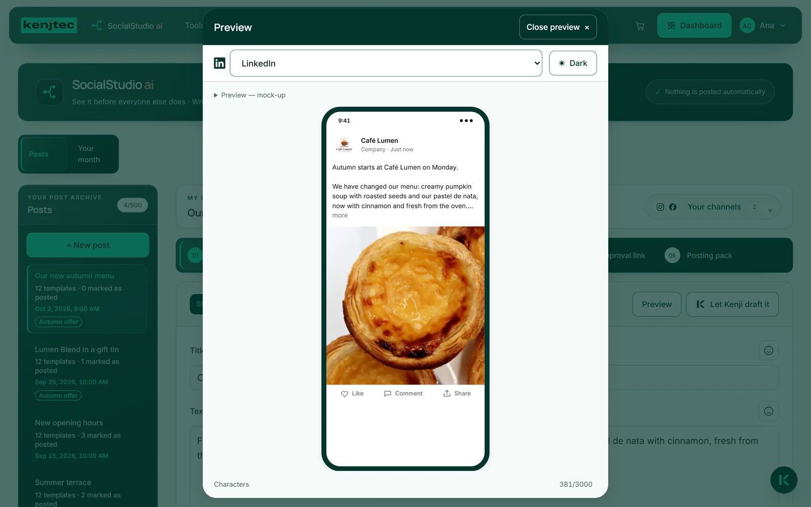 LinkedIn-efterbildningen av höstmenyn: namnet Café Lumen med ”Företag · Nu”, de första textraderna med ”visa mer”, under dem fotot på pastel de nata.