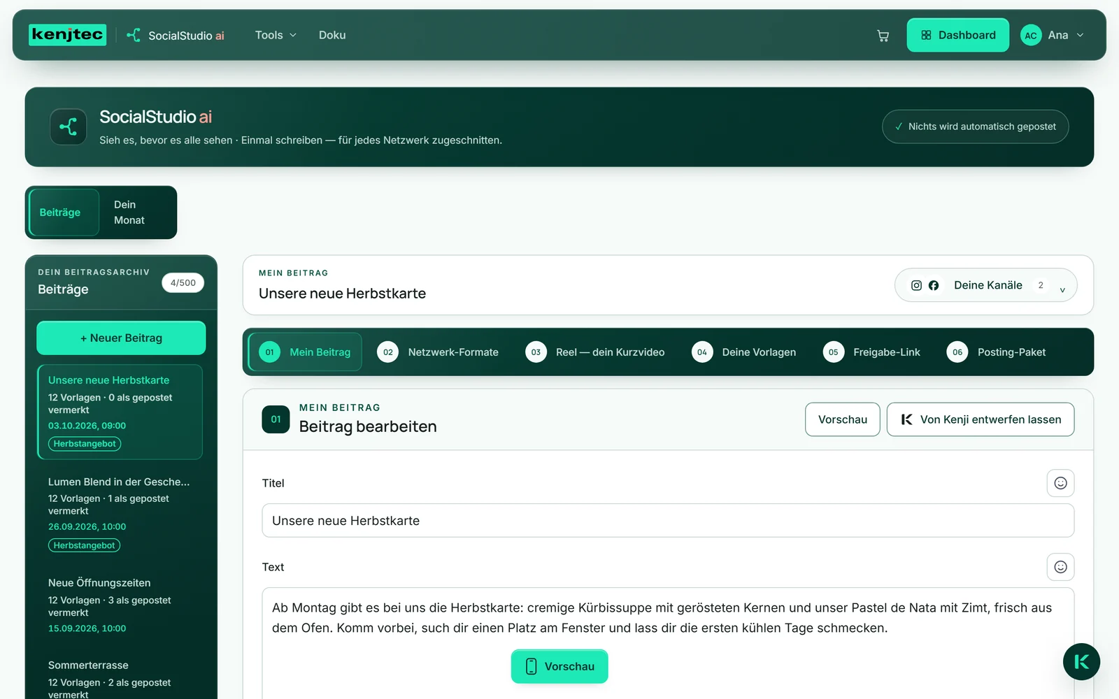 Das SocialStudio von Café Lumen: links die Beitragsliste mit „Unsere neue Herbstkarte“, rechts der geöffnete Beitrag mit den sechs Arbeitsbereichen darüber.