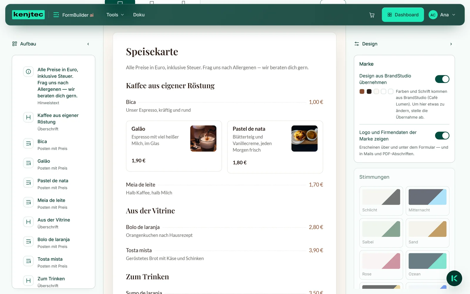 Die Karte von Café Lumen in der Vorschau: „Galão“ und „Pastel de nata“ nebeneinander, jedes mit Foto, Beschreibung und Preis.