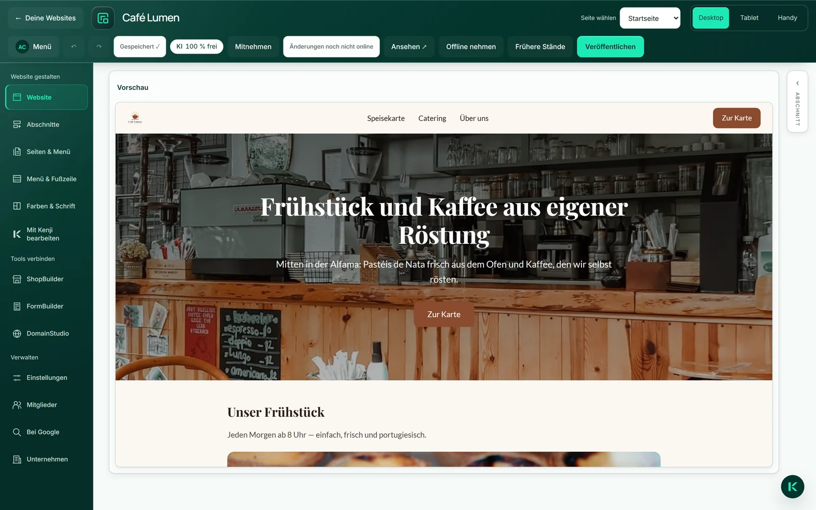 Die Kopfzeile des Editors von Café Lumen mit dem Zustand „Änderungen noch nicht online“ neben dem Knopf „Veröffentlichen“.