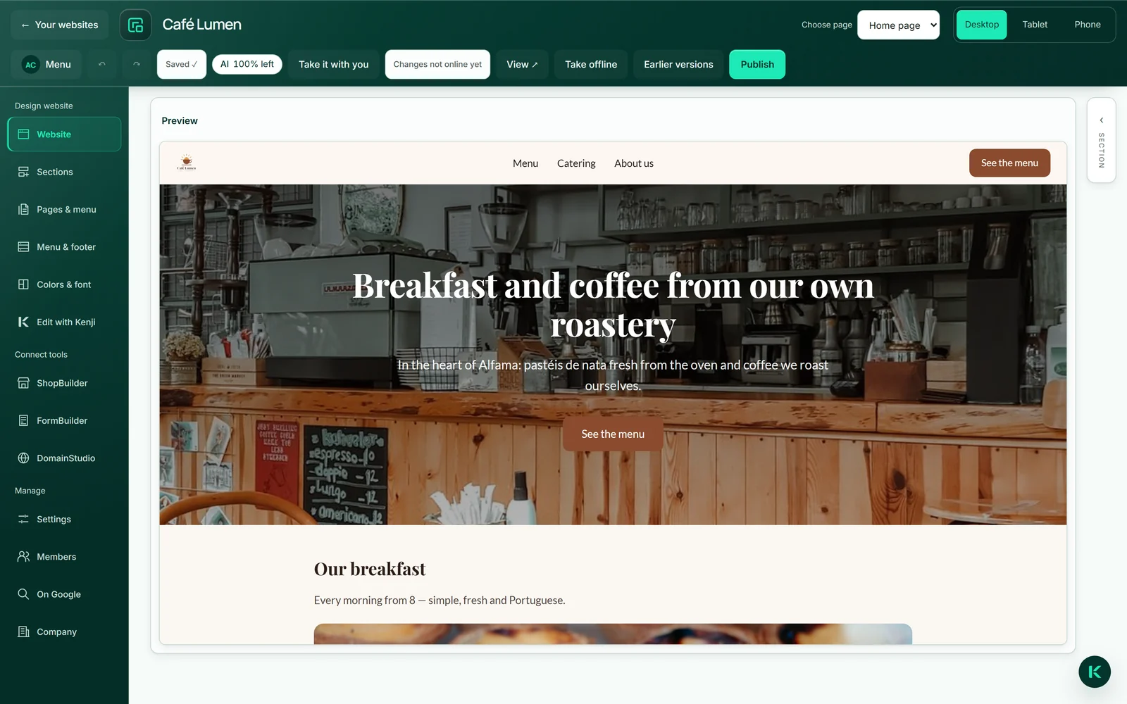 De kopregel van de editor van Café Lumen met de status „Wijzigingen nog niet online” naast de knop „Publiceren”.