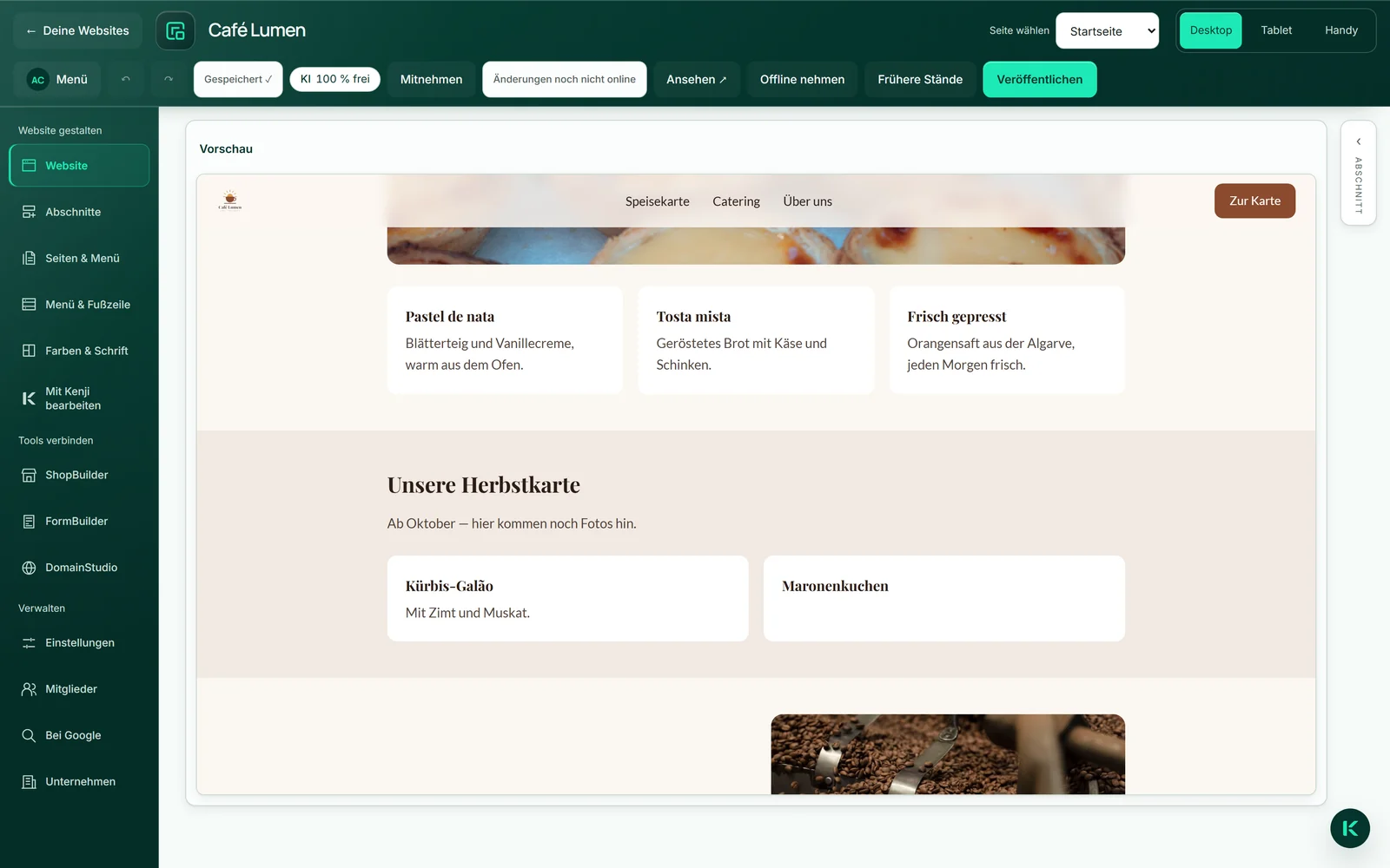 Der Editor von Café Lumen mit einem halb umgebauten Entwurf und dem Zustand „Änderungen noch nicht online“ — im Netz steht weiter der veröffentlichte Stand.
