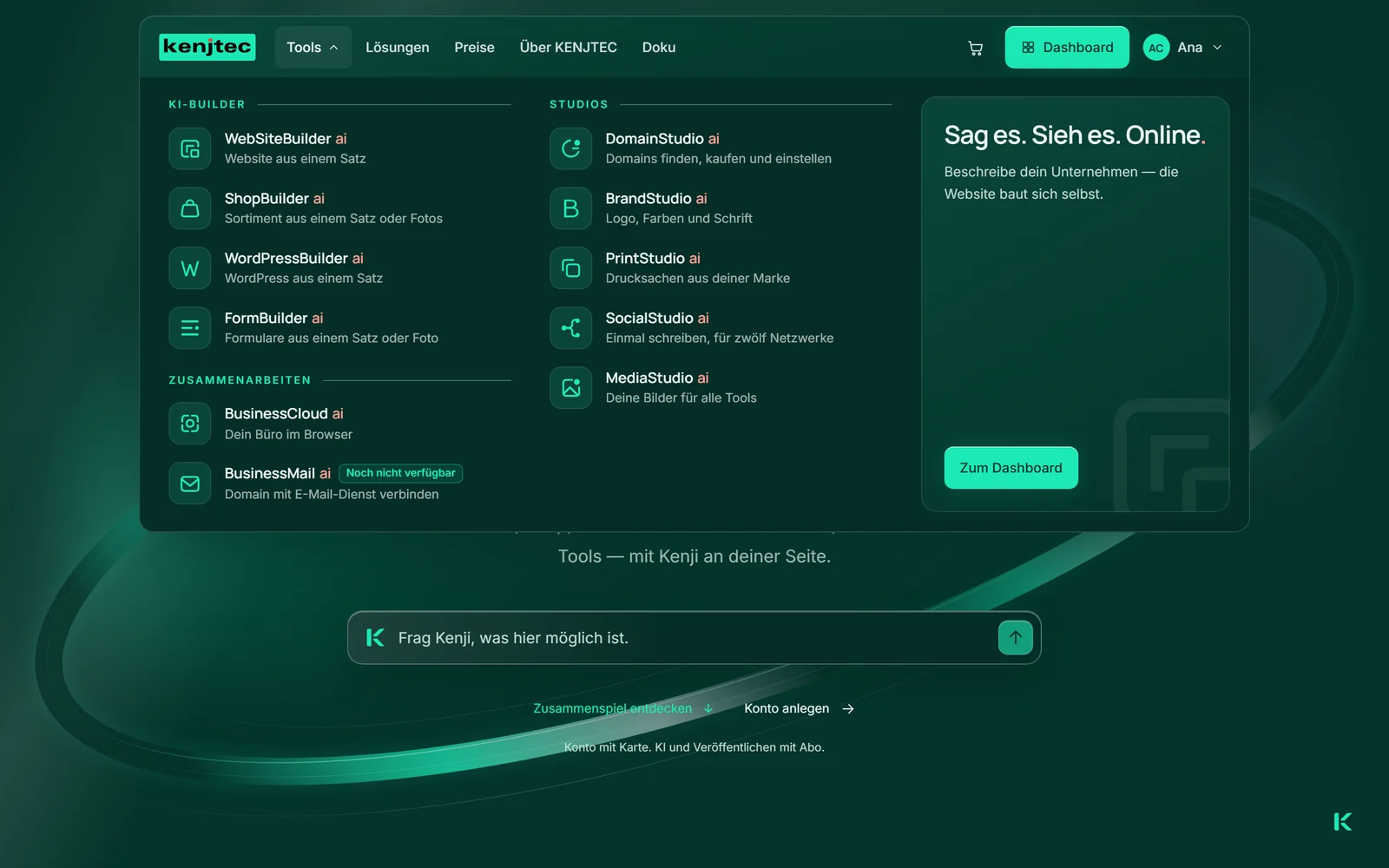 Das aufgeklappte Tool-Menü auf kenjtec.com: die Familien „KI-Builder“, „Studios“ und „Zusammenarbeiten“, hinter jedem Produktnamen das rote „ai“.