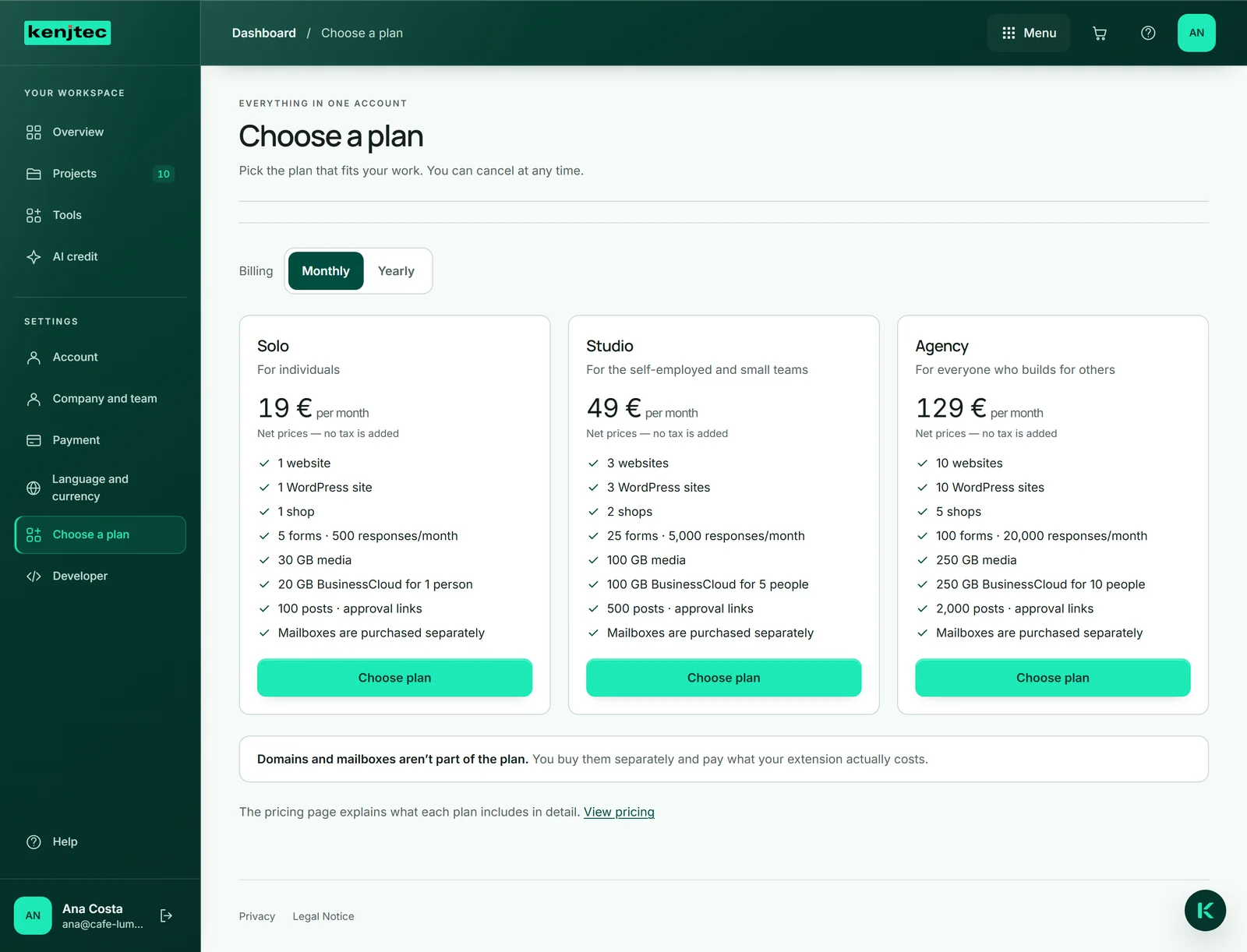 The “Choose a plan” view in Café Lumen’s dashboard: the plans side by side, the “Monthly” / “Yearly” switch above them and, below, the note that domains and mailboxes aren’t part of the plan.