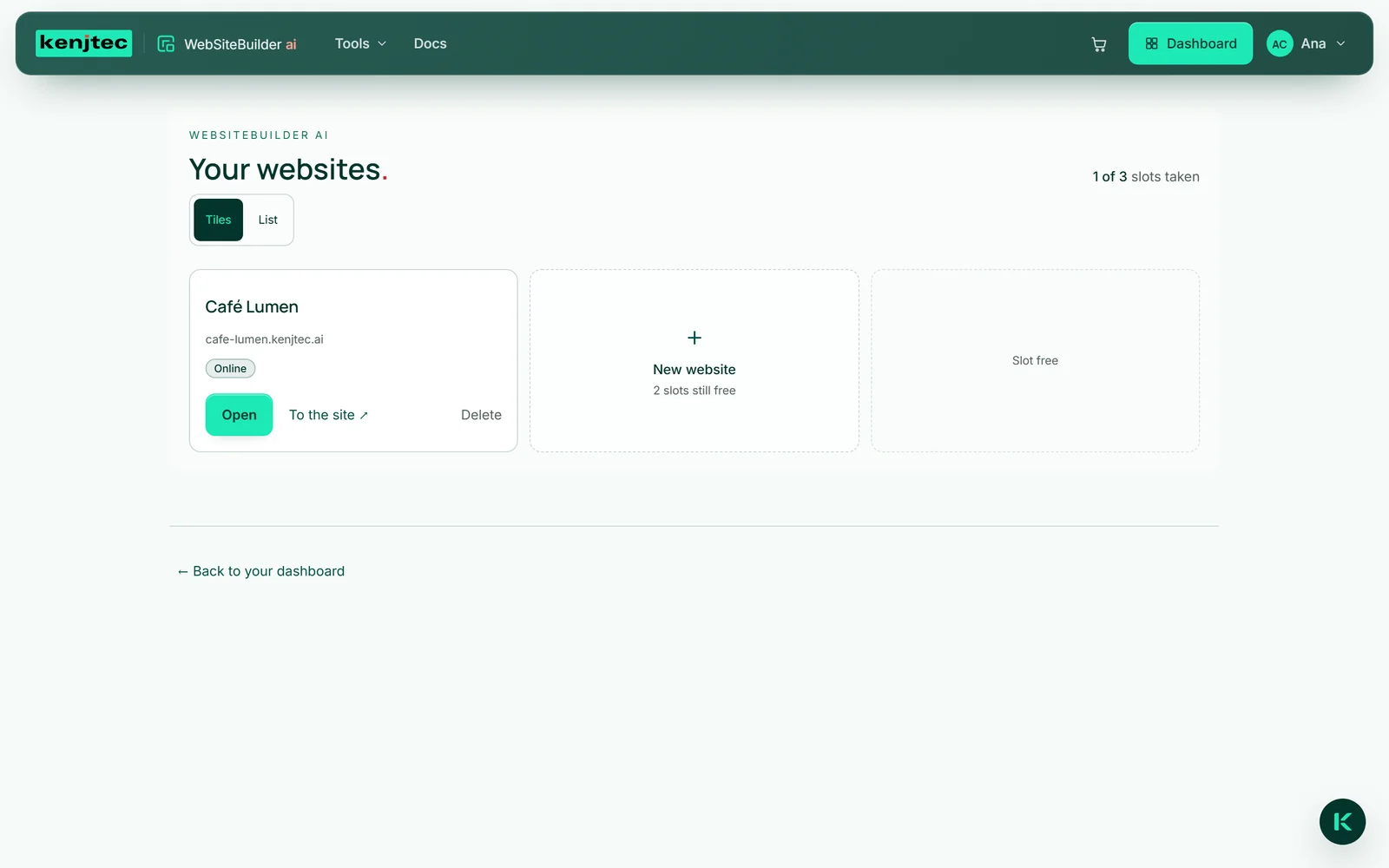 La panoramica «I tuoi siti» di Café Lumen nella vista a riquadri: il sito web «Café Lumen» con l'etichetta «Online» e «Apri», accanto un posto libero con «+ Nuovo sito web», in alto l'indicazione dei posti occupati.