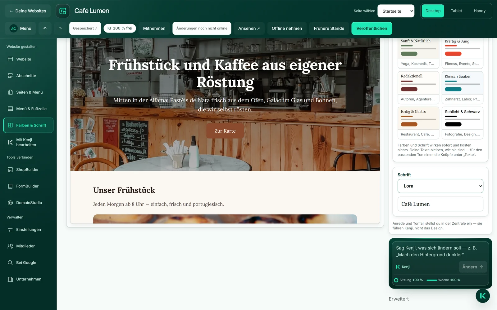 Die Schriftauswahl von Café Lumen unter „Farben & Schrift“: unter „Schrift“ ist Lora gewählt, darunter „Café Lumen“ in dieser Schrift.