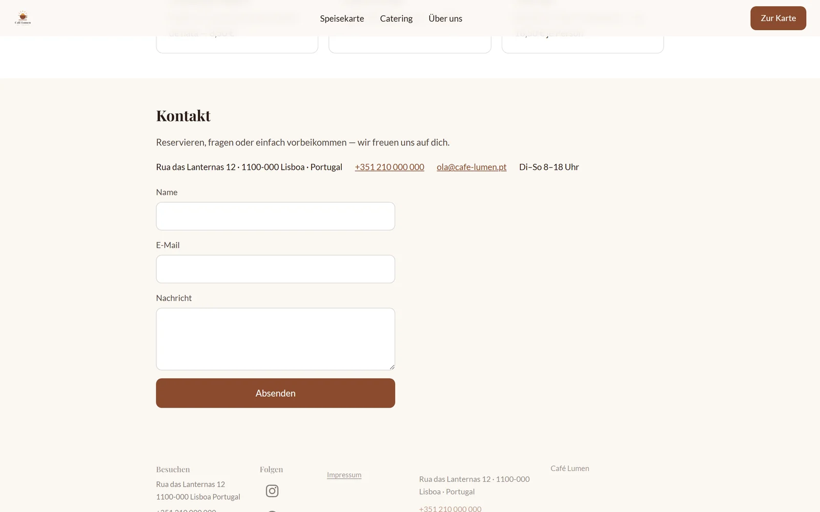 Kopfleiste und Kontaktbereich von Café Lumen mit dem Logo und den Firmendaten aus dem BrandStudio.