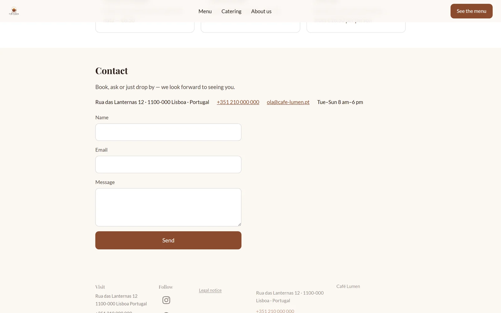 Café Lumen’s top bar and contact section with the logo and company details from BrandStudio.